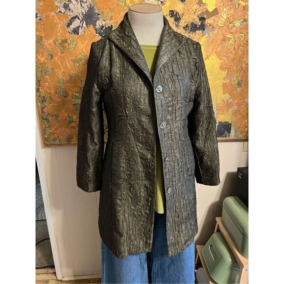 Vintage Flair Artsy Longer Green Crinkle Blazer Jacket W/pockets & cool Buttons! - Picture 1 of 8
